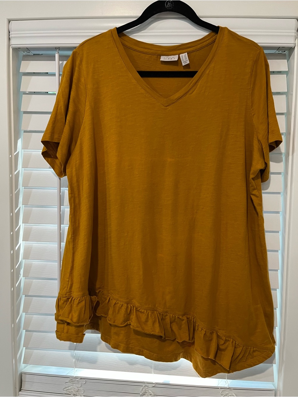 LOGO by Lori Goldstein Mustard V-Neck Ruffle-Hem Tunic